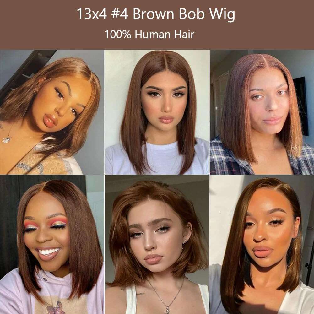 Chocolate Brown Human 13x4 Front Short Straight Bob Wigs Colored #4 4x4 Lace Closure Wig Pre Plucked Hair