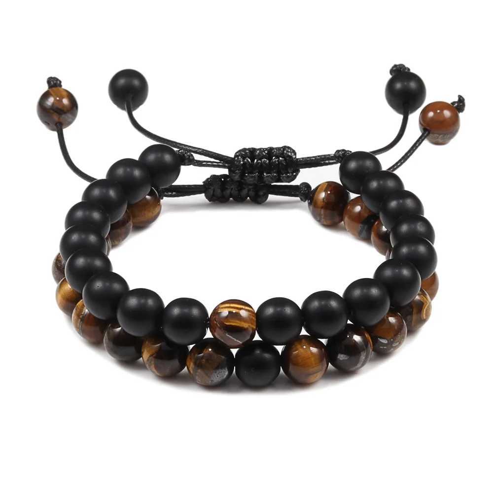 Men Bracelet Tiger Eye Stone Braided Bracelet Black Matte Natural Stone Beads Bracelet Couple Distance Charm Yoga Jewelry GiftsX240921