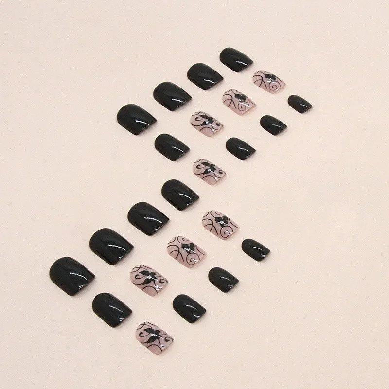 24pcsset Short Square Europe and America Fake Nails Black Vine Butterfly Fake Nails Artificial Acrylic Press On Nail Art tips 240914