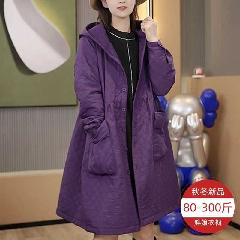 2023 Autumn and Winter Thick Coat Fashion Large Purple Windbreaker Big Pocket Womens Loose Versatile Corduroy Hooded Coat 6XLX240921