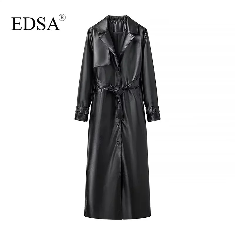 EDSA Women Faux Leather Jacket Coat with Belt for Autumn Winter Loose Long Windbreaker Trench Vintage Outerwear 240918