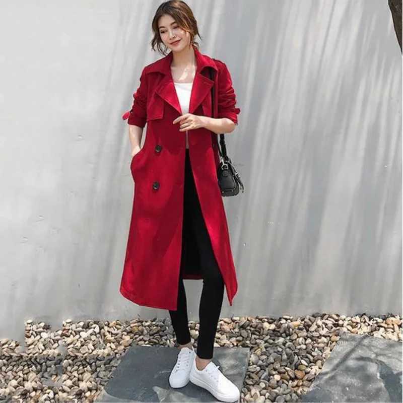 Autumn Korean Women Red Trench Coat With Sashes Elegant Double Breasted Long Sleeve Lapel Mid-length Windbreaker Female 2024 NewX240921