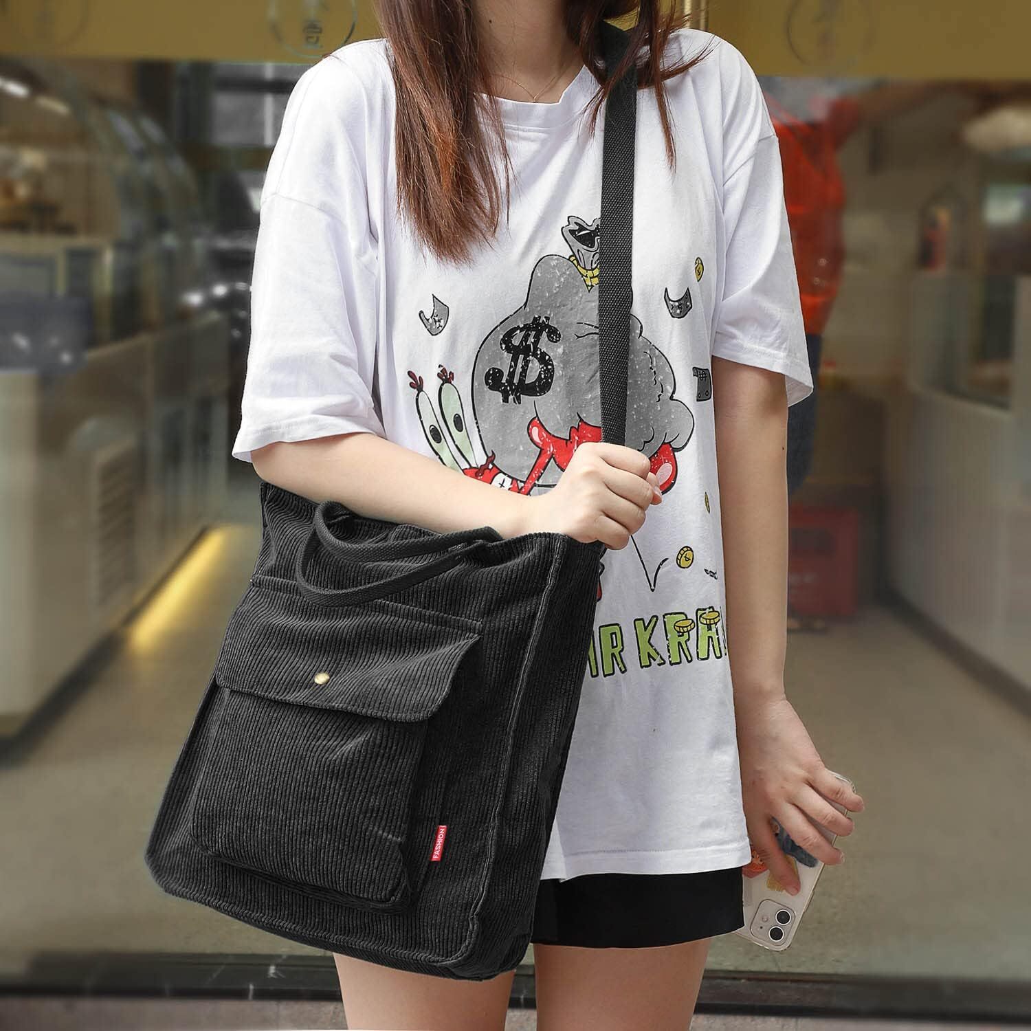 Shoulder bag, women's ribbed veet large capacity casual handbag, shopping bag with zipper and pocket