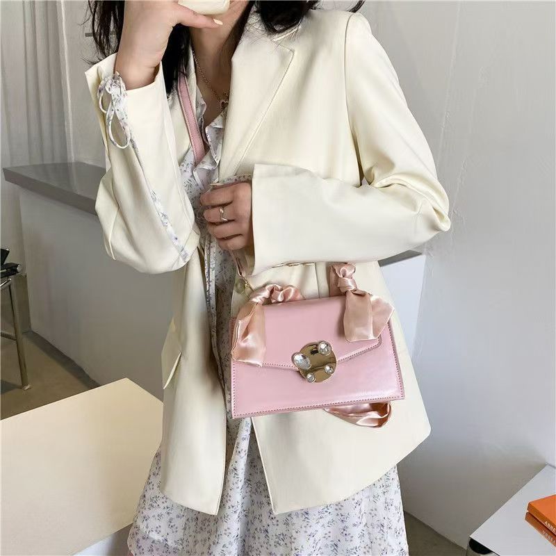 High Quality Crossbody Shoulder Ribbon Portable Fashion Women's New Solid Color Retro Small Square Bag