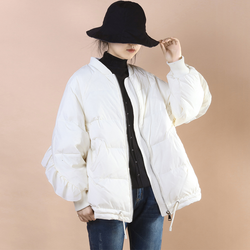 Schinteon Korean Style Women White Duck Down Jacket Loose Over Size Autumn Winter Warm Outwear Coat Ruffles Sleeves New