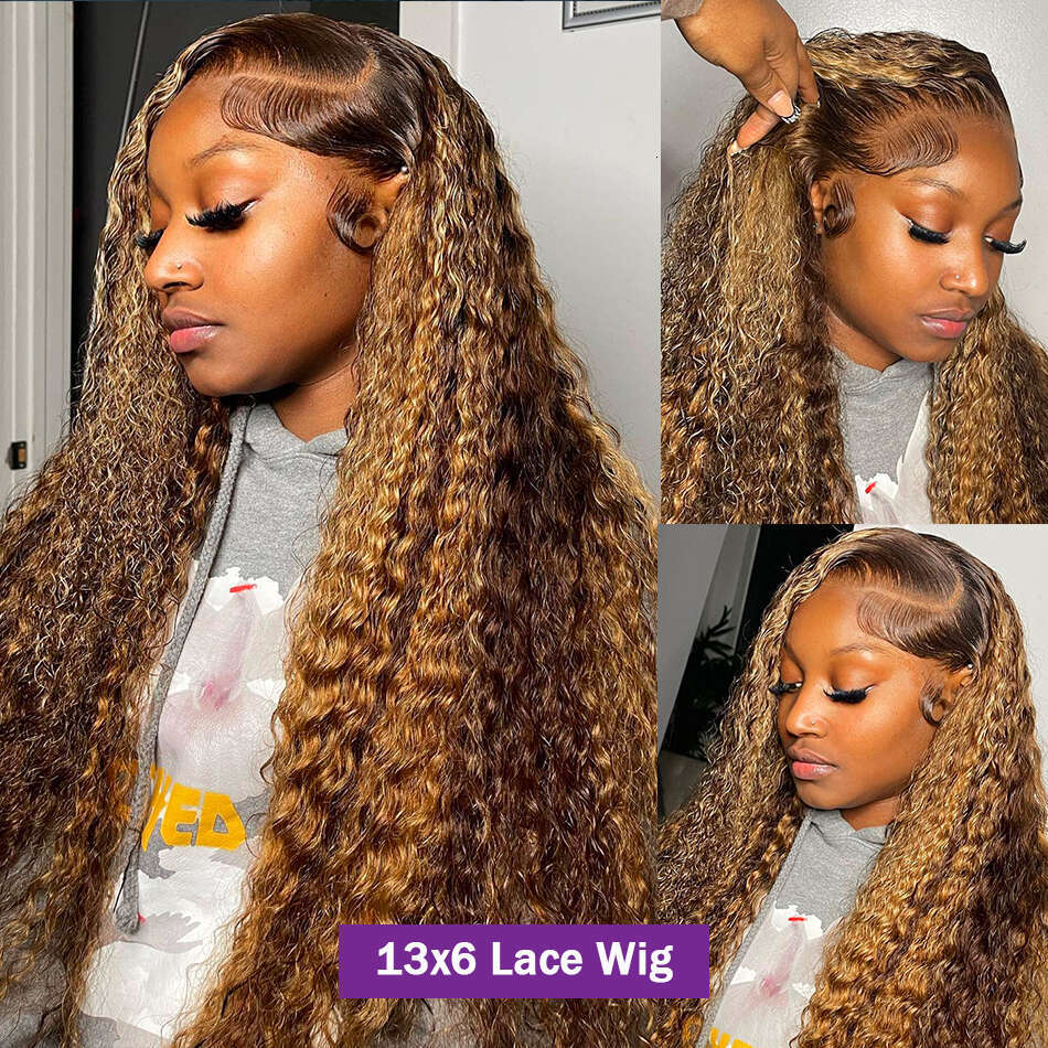 13x4 Highlight Brown Front Honey Blonde Colored Kinky Curly Human Hair Wigs Deep Wave Lace Frontal Wig