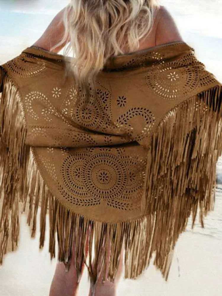 2023 new camel suede flower hollow edge tassel shawl womens retro bohemian shawl raincoat beach cardigan bohemian cape W240921