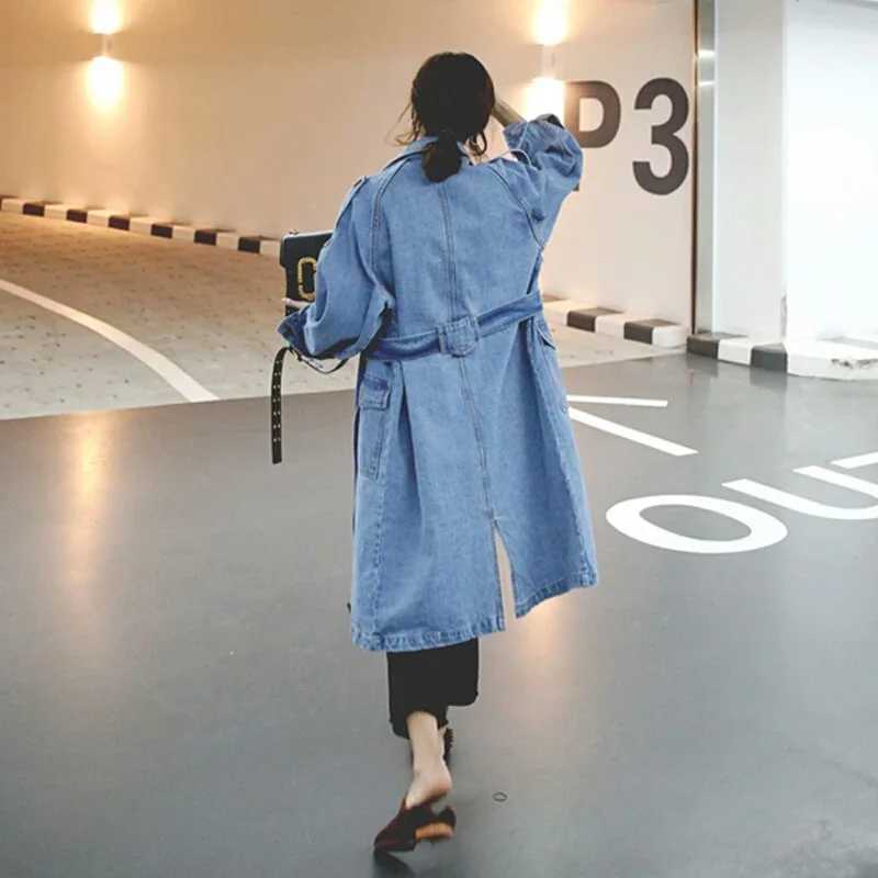 New Korean Loose Slim Denim Trench With Belt Waist Retraction Womens Spring Autumn Mid Length Single Breasted Wrap Fashion CoatX240921