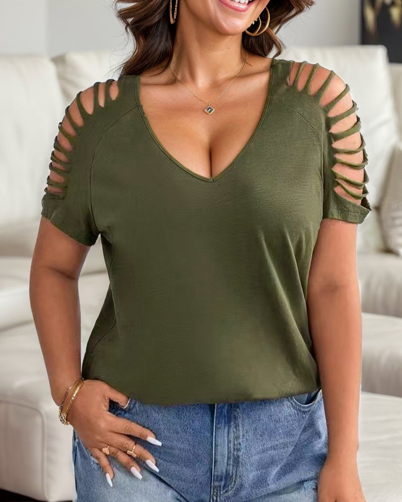 2024 European Cross border Plus Size Women's V-neck Casual Hollow Short Sleeve European and American Cross Hollow T-shirt Free Shipping