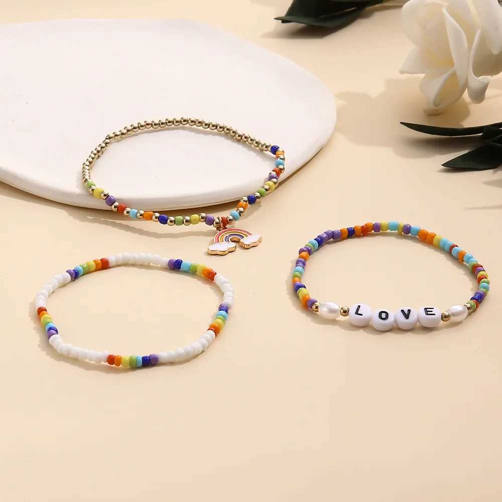 Bohemia Rainbow Charm Bracelet Set For Women Colour Rice Bead Chain Love Letter Bangle Girls Boho Jewelry GiftX240921