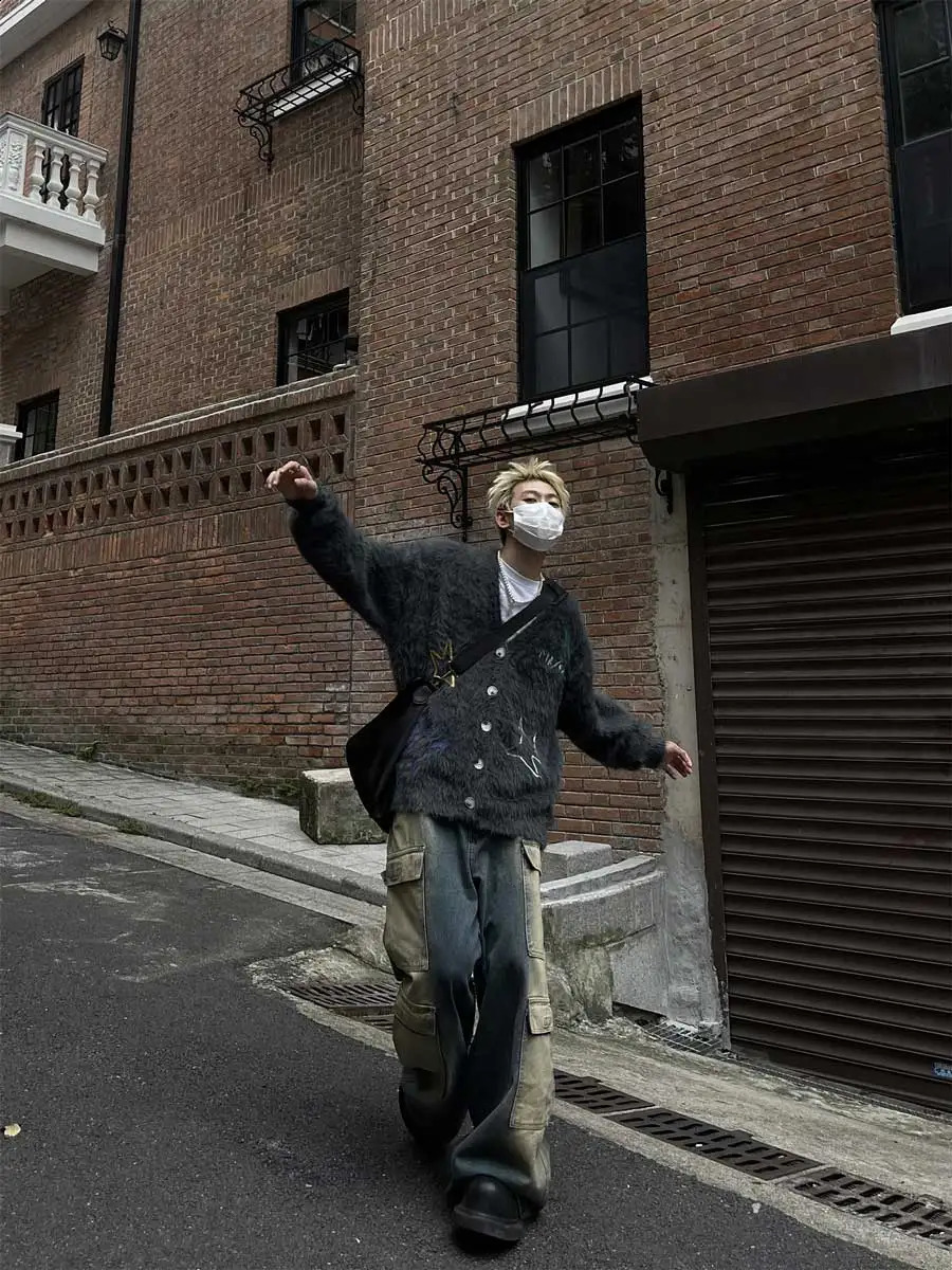 REDDACHiC Men Braided Star Mohair Sweater Jacket Gray V-neck Long Sleeves Knitted Cardigan Y2k Vintage Casual Autumn Winter Coat 240912