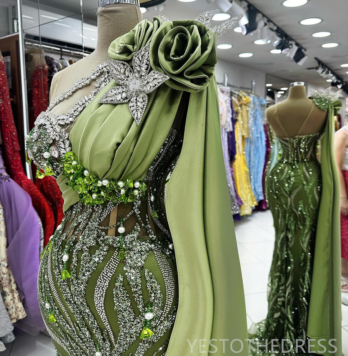 R&W 2024 Plus Size Green Prom Mermaid Promdress Evening Formal One Shoulder ra Beaded Lace Birthday Dress Second Reception Gowns Vestido De Sorrie AM1