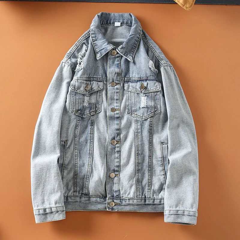 American new fashion retro wash trend hole men Y2K street Harajuku hip-hop casual clown frog denim jacket couple top W241011