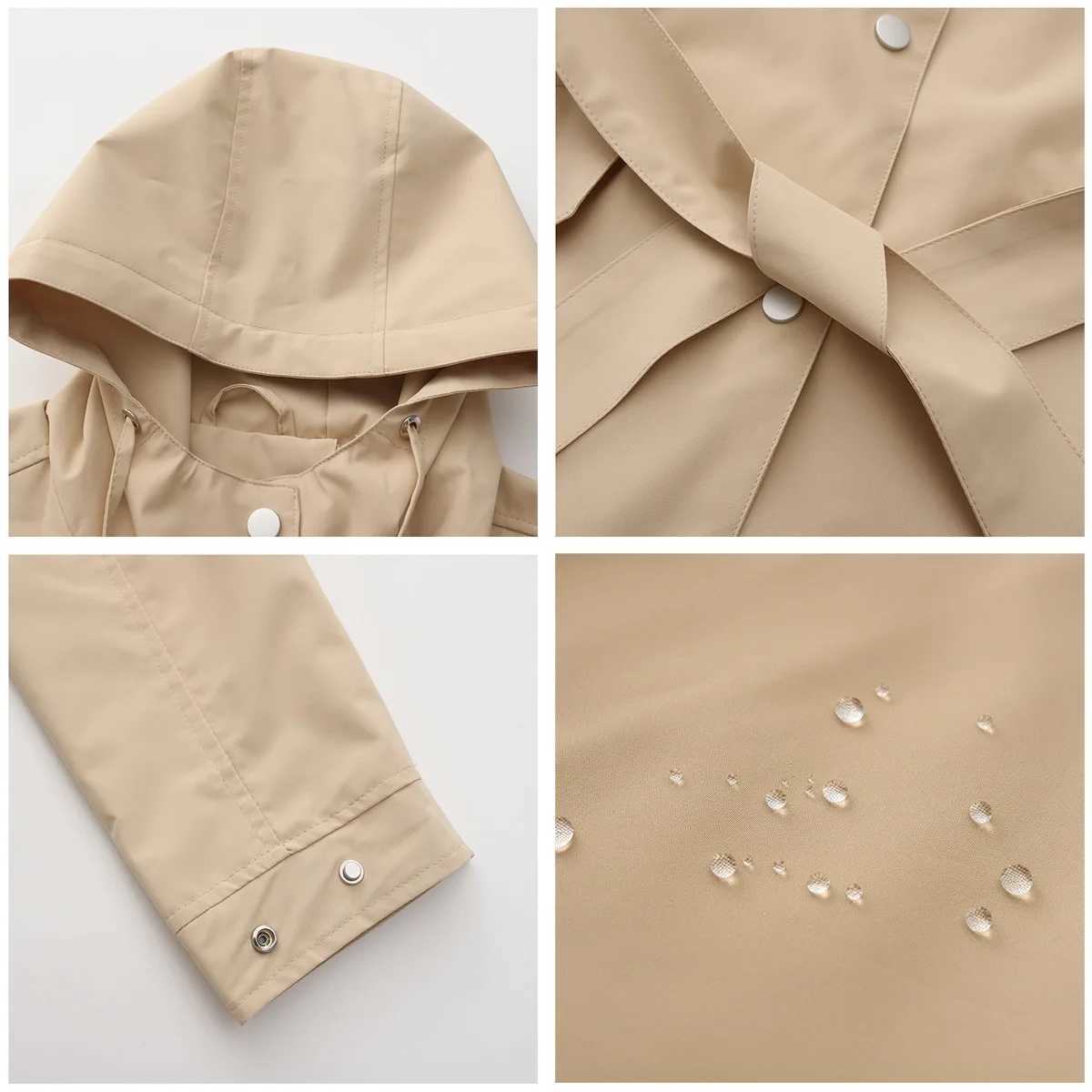 Spring Autumn New Hooded Water-repellent Jacket with Belt Thin Casual Loose Trench Coat Women WindbreakerX240921