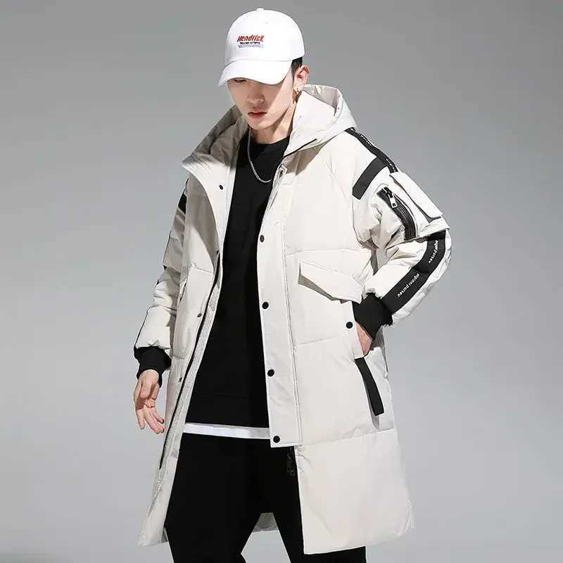 Mens Parkas Hooded new over the knee coat thick medium length clip on zipper button winter white duck down jacket W240920