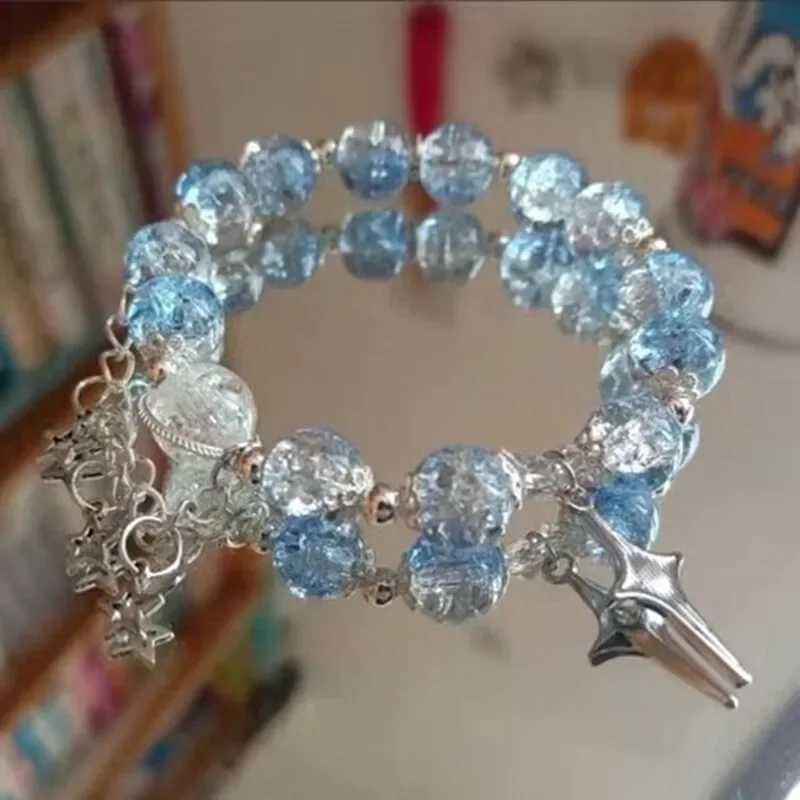 Simple Design Bead Bracelet Y2k Star Chain Tassel Bracelet for Women Fantasy Blue Crystal Elastic Rope Best Friend Jewelry GiftsX240921