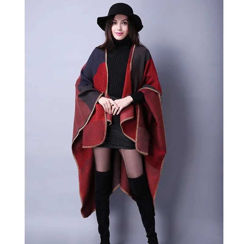 Autumn and winter checkered womens travel shawl imitates cashmere European ethnic style forked thick cloak raincoat shawl W240921