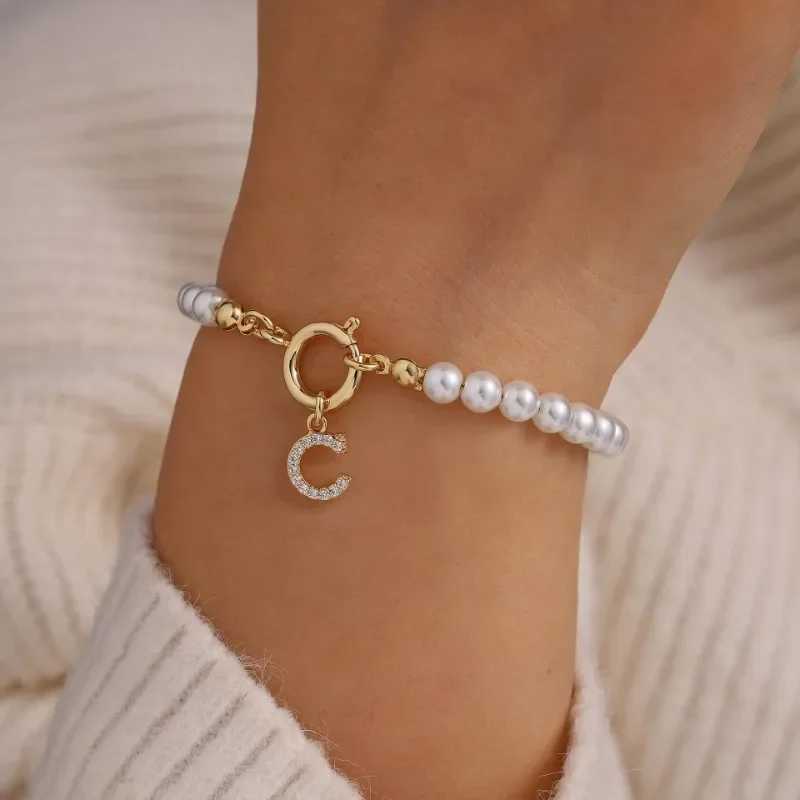 Minar Delicate 14K Real Gold Silver Plated Copper CZ Zircon 26 Letter Simulated Pearl Beaded Chain Charm Bracelets for WomenX240921