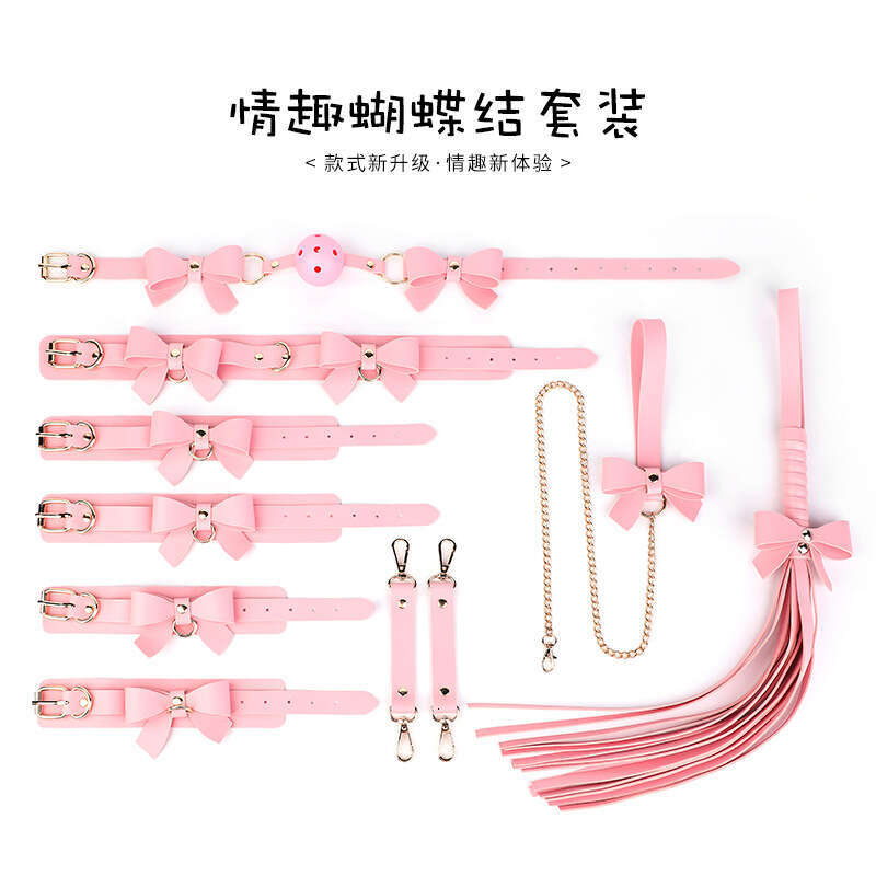 5-piece set of fun SM props set, macaron color butterfly bow, fun collar, women's binding handcuffs SM whip