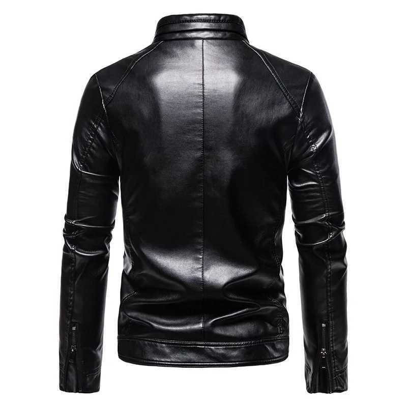 Spring and autumn mens motorcycle leather jacket fashionable slim fit stand collar black solid color windproof driving jacket bicycle jacket W240918