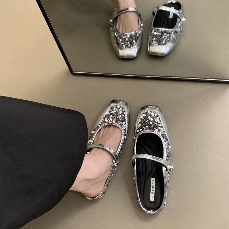 Casual Shoes for Women - Soft Sole Flat Bottom Closed Square Toe France Gentle Style Triple Black Sier 27dc