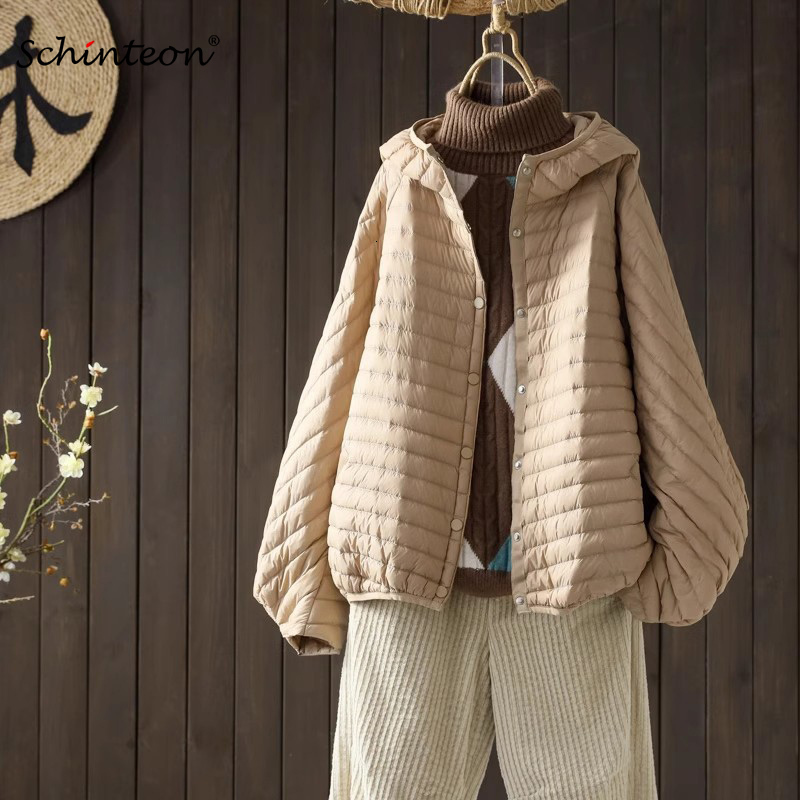 Schinteon Women Ultralight White Duck Down Jacket With Hood Over Size Loose Casual Autumn Winter Outwear Coat 2023 New