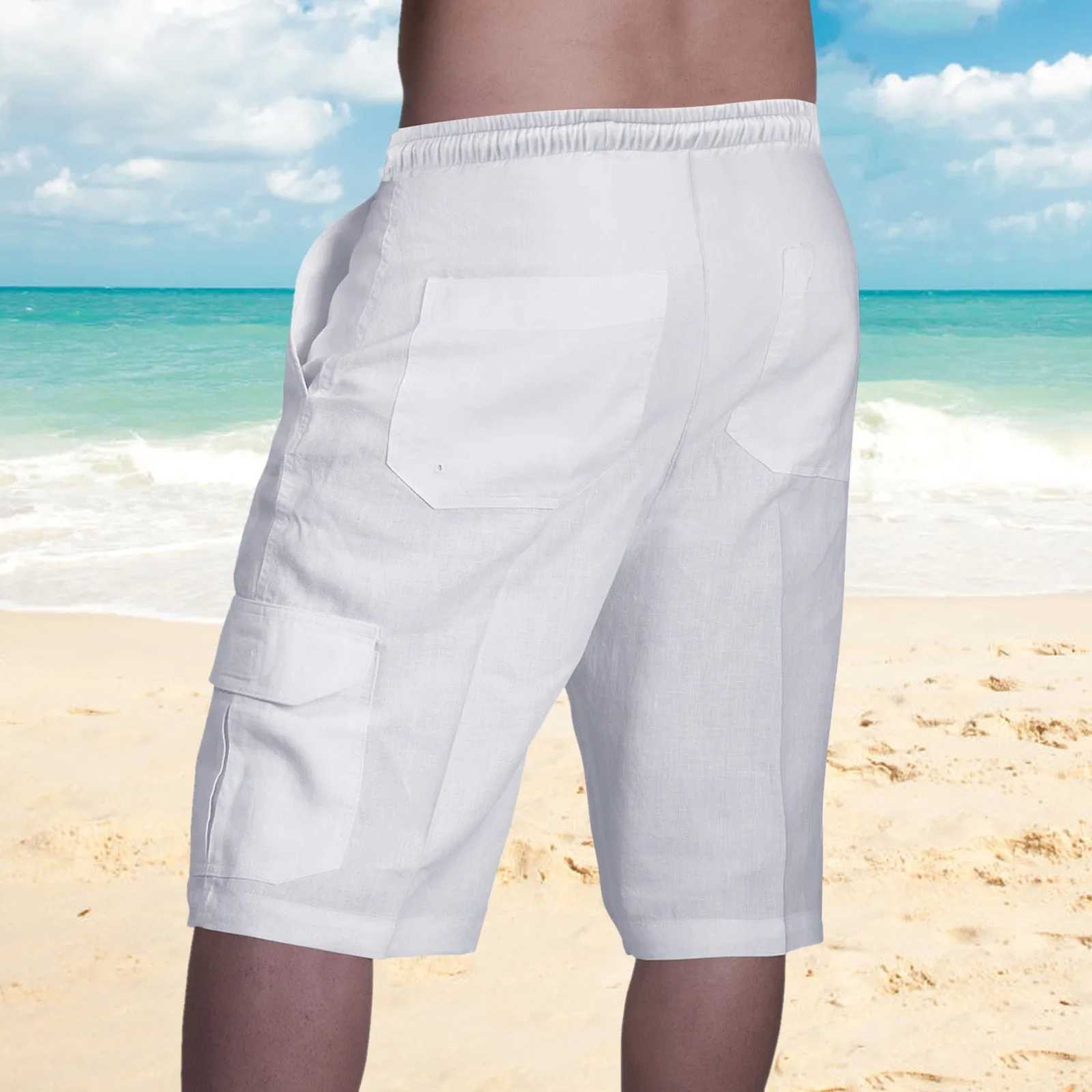 Cotton Linen Cargo ShortsSolid Color TrunksElastic Summer Lace Up WhiteMensShortsHoliday Vacation PantalonesCortos 2023X240921