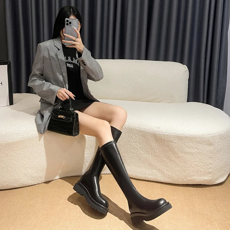 Platform Heel Women Knee-High Boots Fashion Comfort Warm Fur Shoes Autumn Winter Womens Knight Long Booties 240909