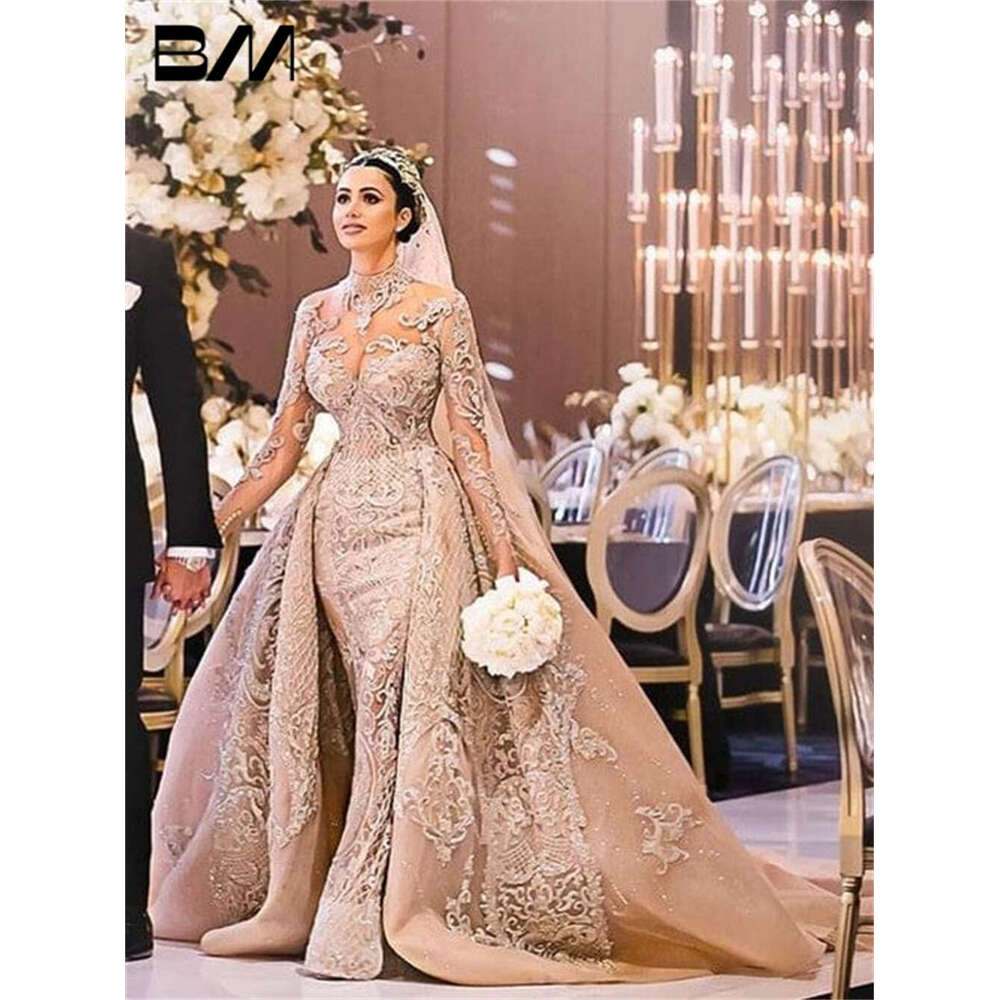 Illusion Cut-Out High Neck Arabic Wedding Dress For Women With Detachable Train Bridal Gown Two Piece Bride Dresse