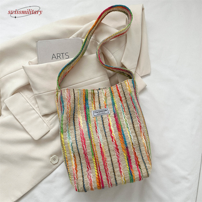 Single shoulder for women, large capacity Korean version ins embroidery rainbow stripe commuting canvas bag, summer tote bag #26 Swissmilitary