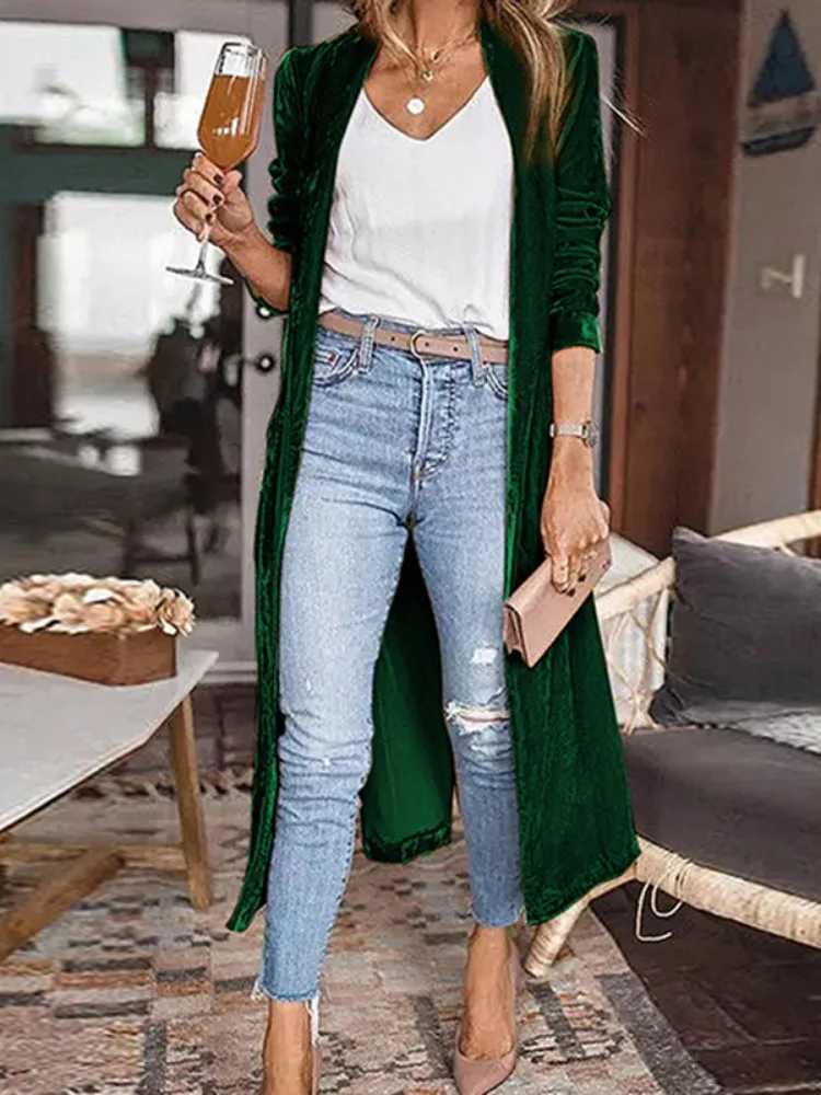 Freeacy Womens Elegant Solid Color Outerwear Velvet Long Sleeves Coat Autumn New Female Elegant Collarless Long Cardigan CoatsX240921