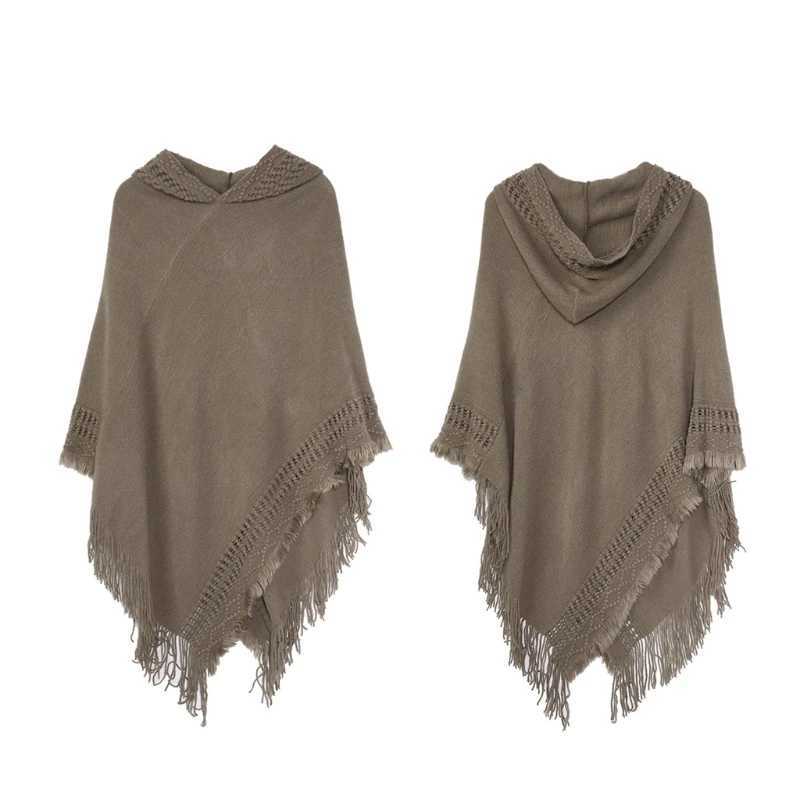 Womens winter warm knitted hooded raincoat solid color crocheted tassel shawl bag oversized zipper cape sweater top W240921