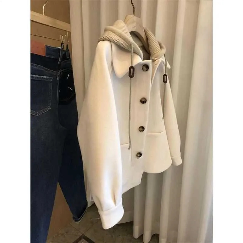 Womens Hooded Woolen Coat Autumn Winter Female Plus Size Fat MM Short Jacket Thickened High-grade Woolen Overcoat 240909