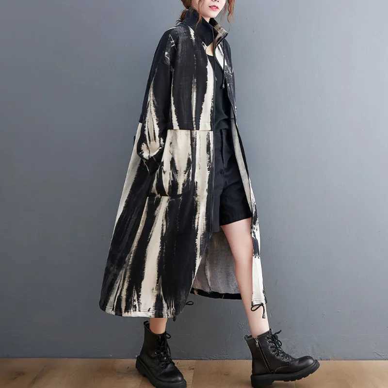 #3707 Tie Dye Printed Trench Coat Women Loose Stand Collar Windbreaker Coat Ladies Pockets Vintage Long Trenchcoat Female ZipperX240921