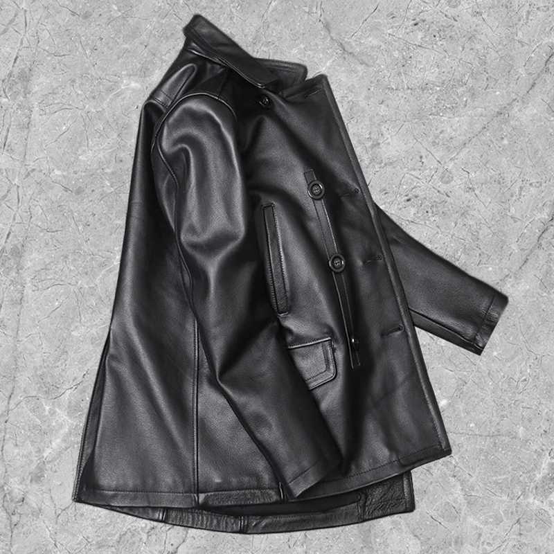 Mens leather jacket mens denim jacket autumn and winter business jacket trench style double chest tight fitting garment W240918