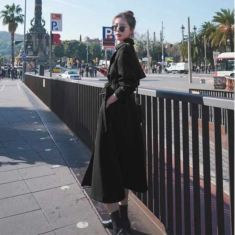 Vintage Wine Red Elegant Mid-length Double Breasted Trench Coat With Sashes Women Dark Blue Khaki Black Coat Loose Casual AutumnX240921
