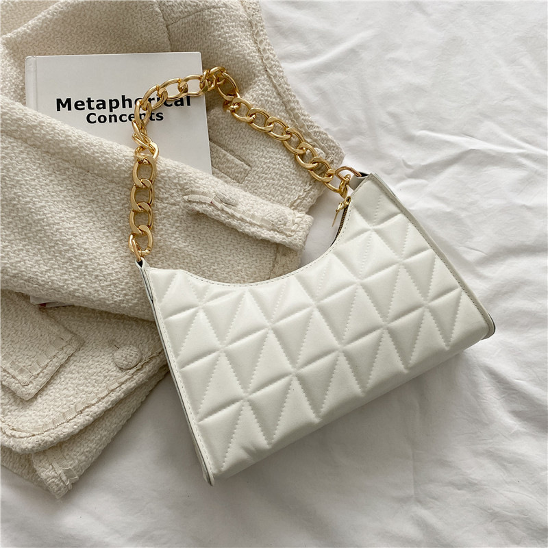 Women's Dia Pattern Shoulder PU Leather Solid Color Niche Chain Handbag Fashion Females Underarm Shopping Bag