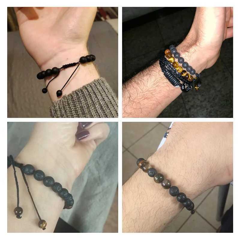 Men Bracelet Tiger Eye Stone Braided Bracelet Black Matte Natural Stone Beads Bracelet Couple Distance Charm Yoga Jewelry GiftsX240921