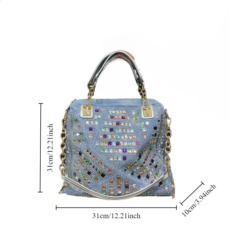 Womens fashionable denim woven handbag with large capacity diamond shoulder bag 240919