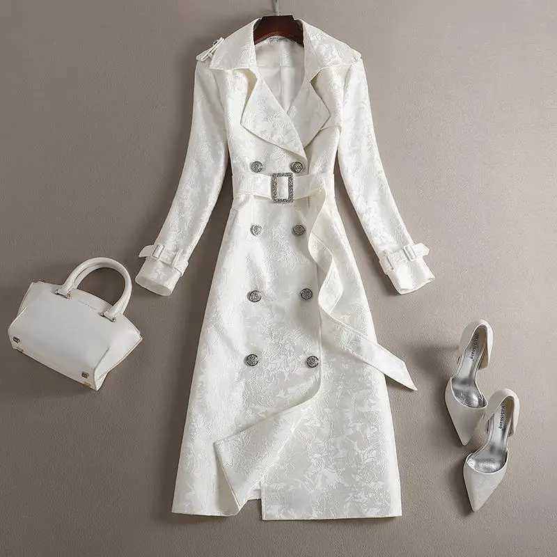 Long Windbreaker 2022 Spring New Lapel Fashion White Black Jacquard Lace-Up Trench Coat WomenX240921