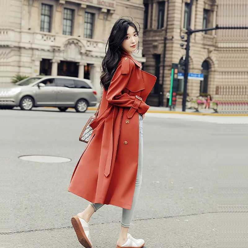 British Style Mid-Length Windbreaker With Belt Green Orange Spring Autumn New Women Casual Lapel Long Sleeve Female Trench CoatX240921