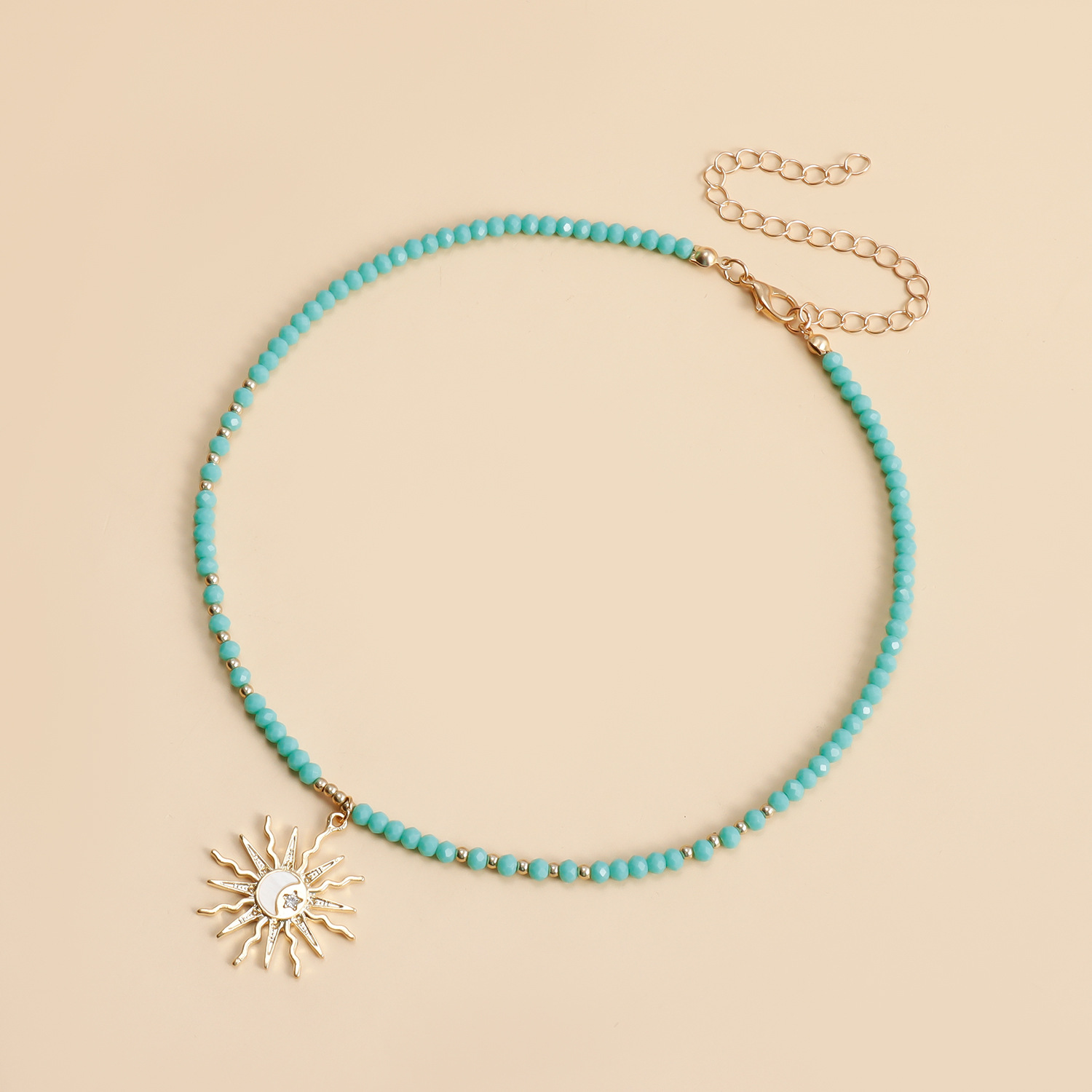 Beaded Crystal Choker Necklace with Sun Pendant for Women Fresh & Unique Green Blue Bohemian Gold Plated Y2K Jewelry Party Daily Outfit Gifts Girls