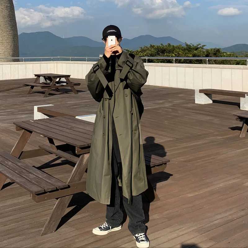 Spring Mid length Windbreaker Korean Version Handsome Over Knee Military Green Coat British Casual Loose Large Fashion CoatX240921