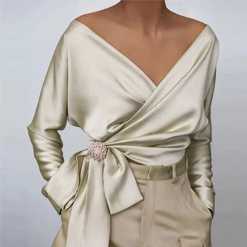 V Neck Sexy Women Satin Blouse 2024 Bow Tie Chiffon Silk Shirt Long Sleeve Women Tops Lace-up Lady Blouses Elegant Blusas 19178 240921