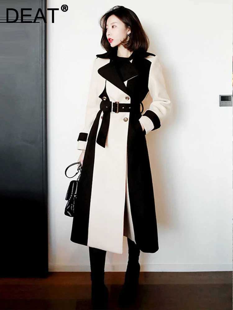 DEAT Woman Trench Coat Color Block With Belt Notched Full Sleeve Elegant High Street Style 2024 New Autumn Fashion 15TT172X240921