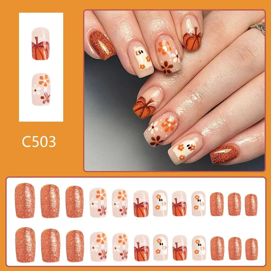 24pcs Cute Ghost Pumpkin Halloween Press-On Nails-Glossy Short Square Fake Nails with Festive False Nail for Women 240914