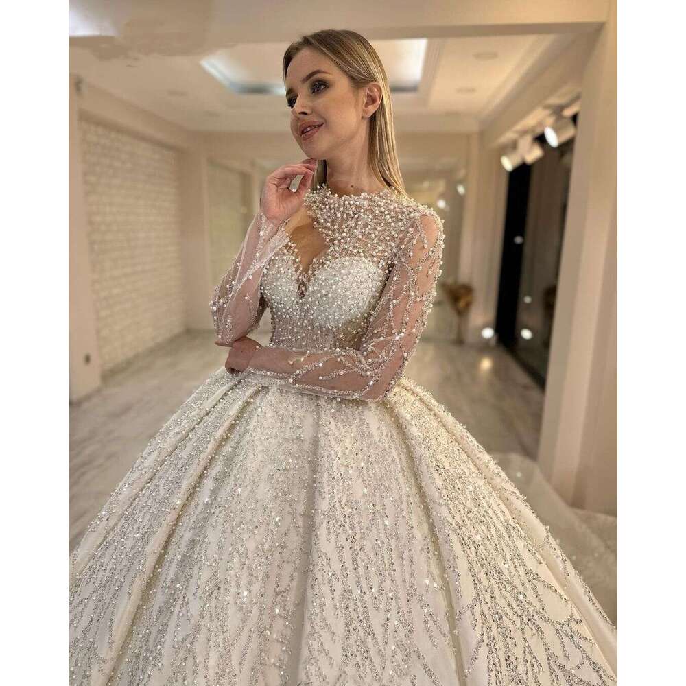 Glamorous Pearls Sequins Beading Princess Wedding Dresses Long Sleeves Bride Ball Gowns Vestidos De Novia