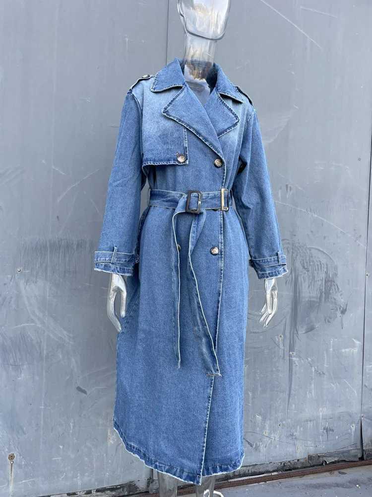 Long Denim Trench Coats For Women Belt On Waist Slim Jean Coats Ladies Jaqueta Feminina Blue Jean Jacket WomanX240921