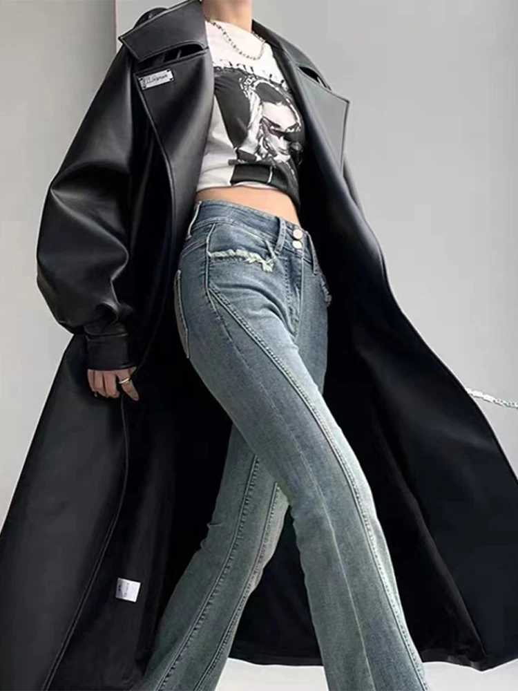 Long Oversized Leather Trench Coat for Women Long Sleeve Lapel Loose Lady Jacket With Belt 2024 Autumn New Vintage StreetwearX240921