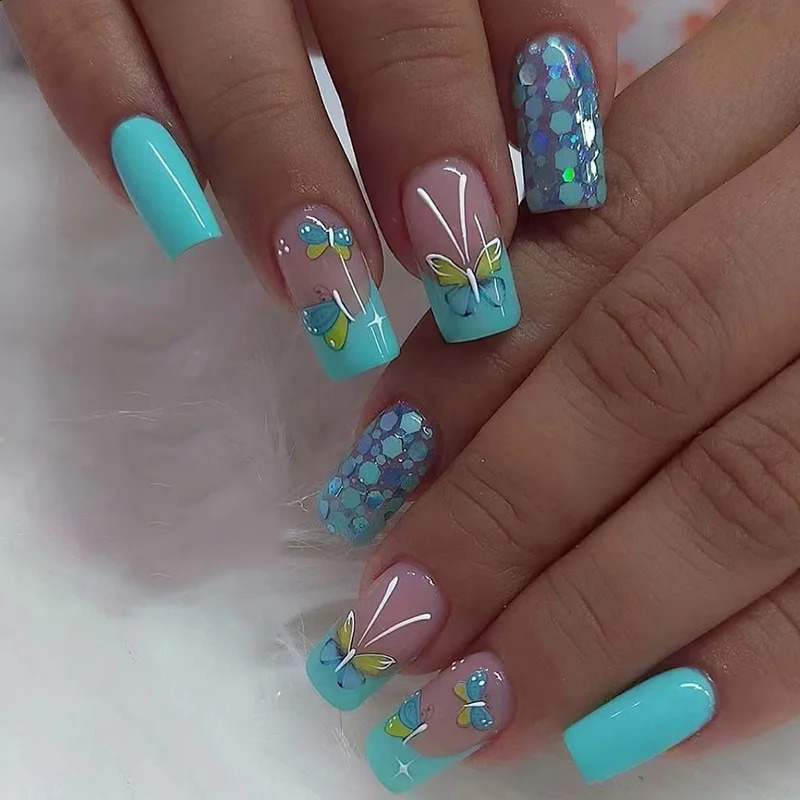 24pcs Square Short Fake Nails Blue Green Butterfly French False Nails Full Coverage Waterproof Artificial Press on Nail 240914